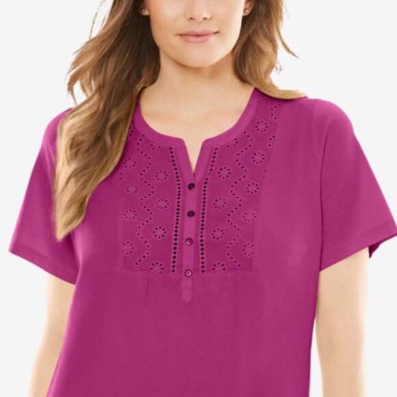 Woman Within Plus Size 3X Short Sleeve Blouse Tunic Eyelet Raspberry NEW - Picture 1 of 7
